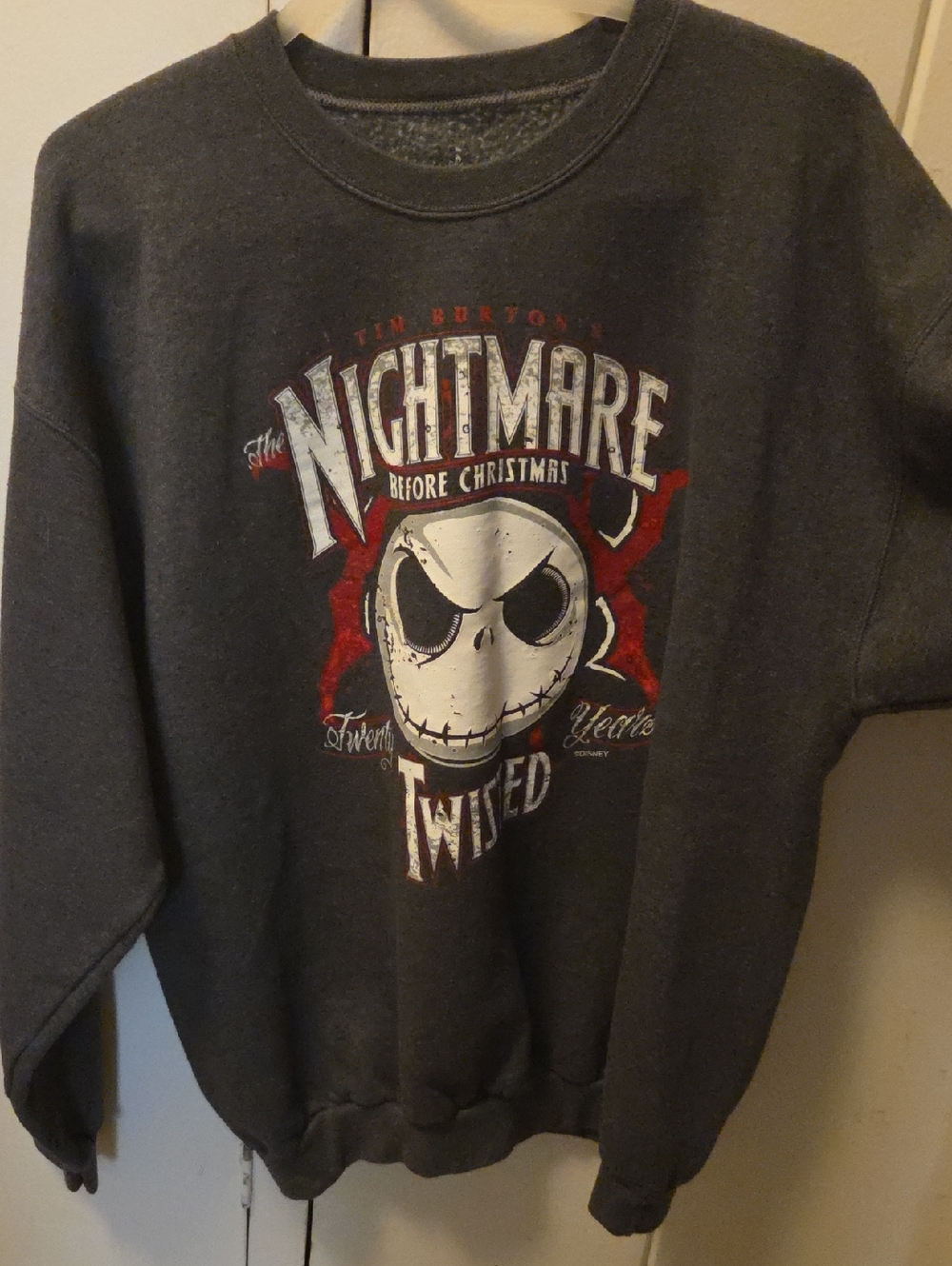 Disney Nightmare Before Christmas Charcoal Crewneck with Red and White Graphic